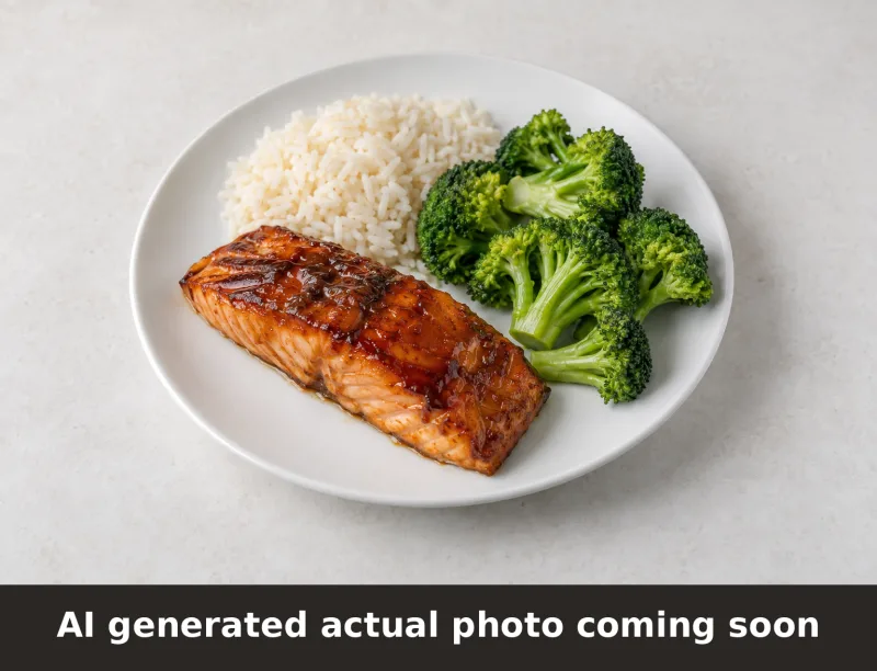 Bourbon Glazed Salmon with Rice & Broccoli. AI-generated placeholder image, not a photo of the actual dish.