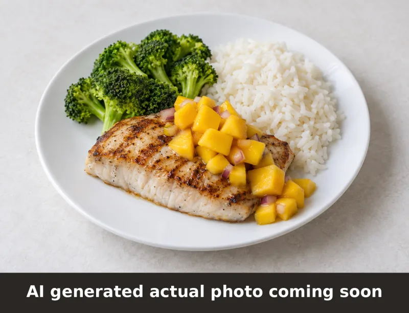 Grilled Mahi Mahi with Mango Salsa with Broccoli & Rice. AI-generated placeholder image, not a photo of the actual dish.