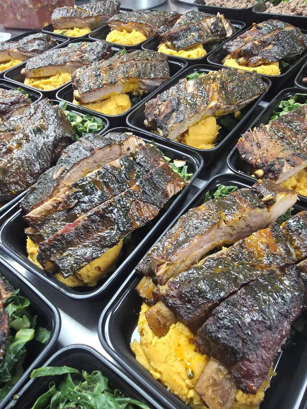 Peach Mustard BBQ Ribs with Collard Greens & Mashed Sweet Potato