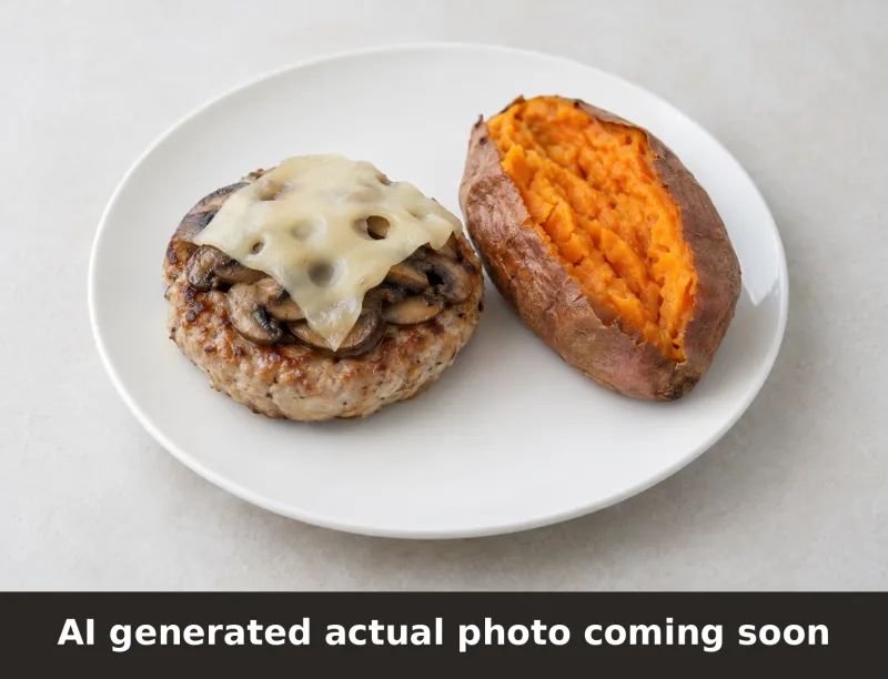 Turkey Mushroom Swiss Burger with Sweet Potato. AI-generated placeholder image, not a photo of the actual dish.
