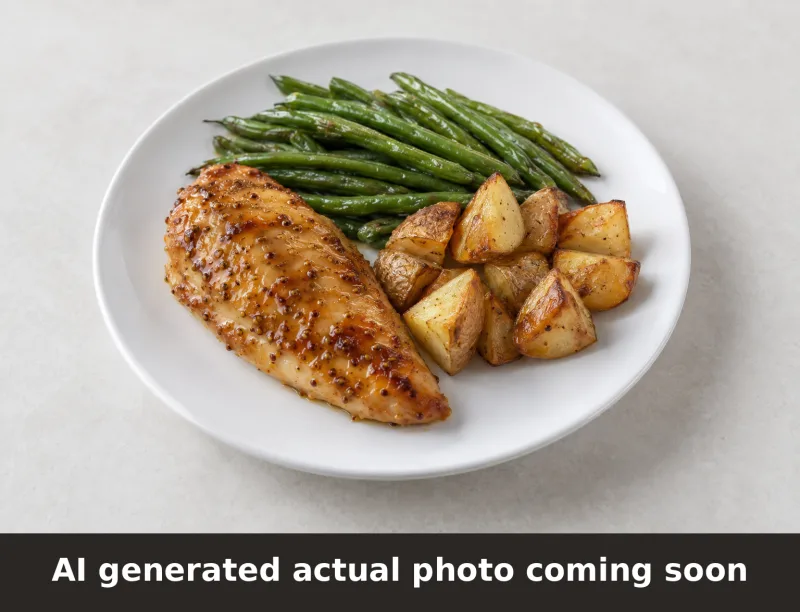 Honey Dijon Chicken with Green Beans & Roasted Potatoes. AI-generated placeholder image, not a photo of the actual dish.