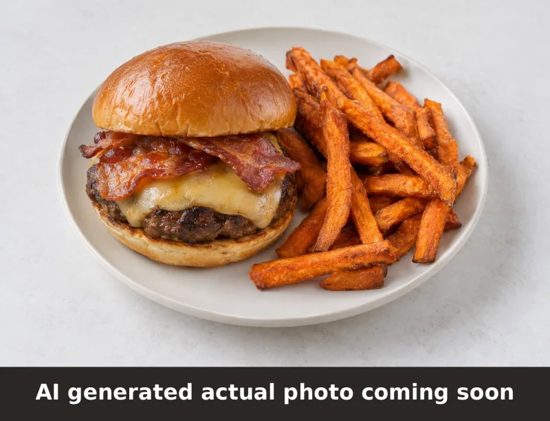 Smoked Gouda Bacon Burger with Sweet Potato Fries. AI-generated placeholder image, not a photo of the actual dish.